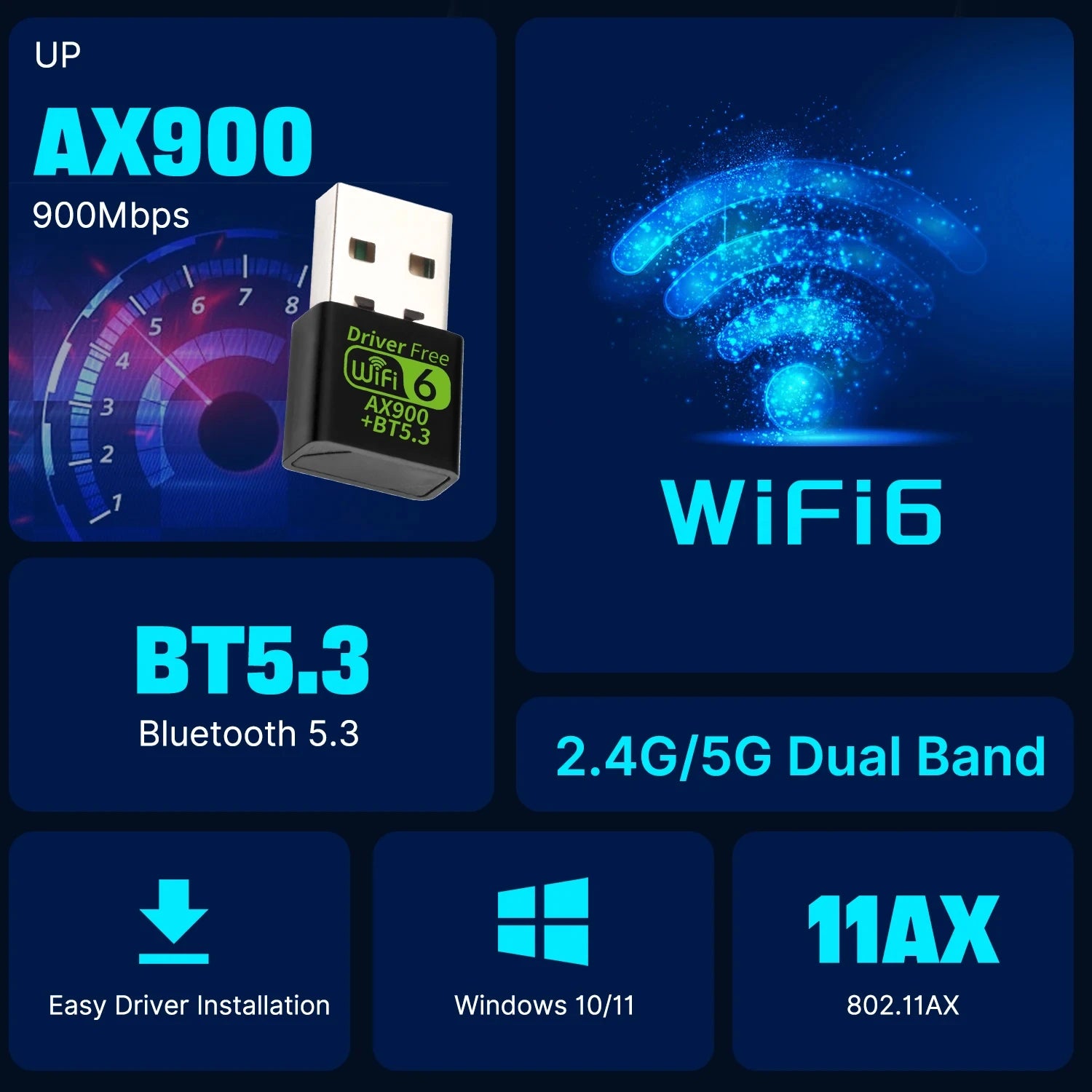 900Mbps WiFI 6 USB Adapter Bluetooth 5.3 Wireless Network Card Dual Band Driver Free USB Dongle for Win 10 11 PC Accessories
